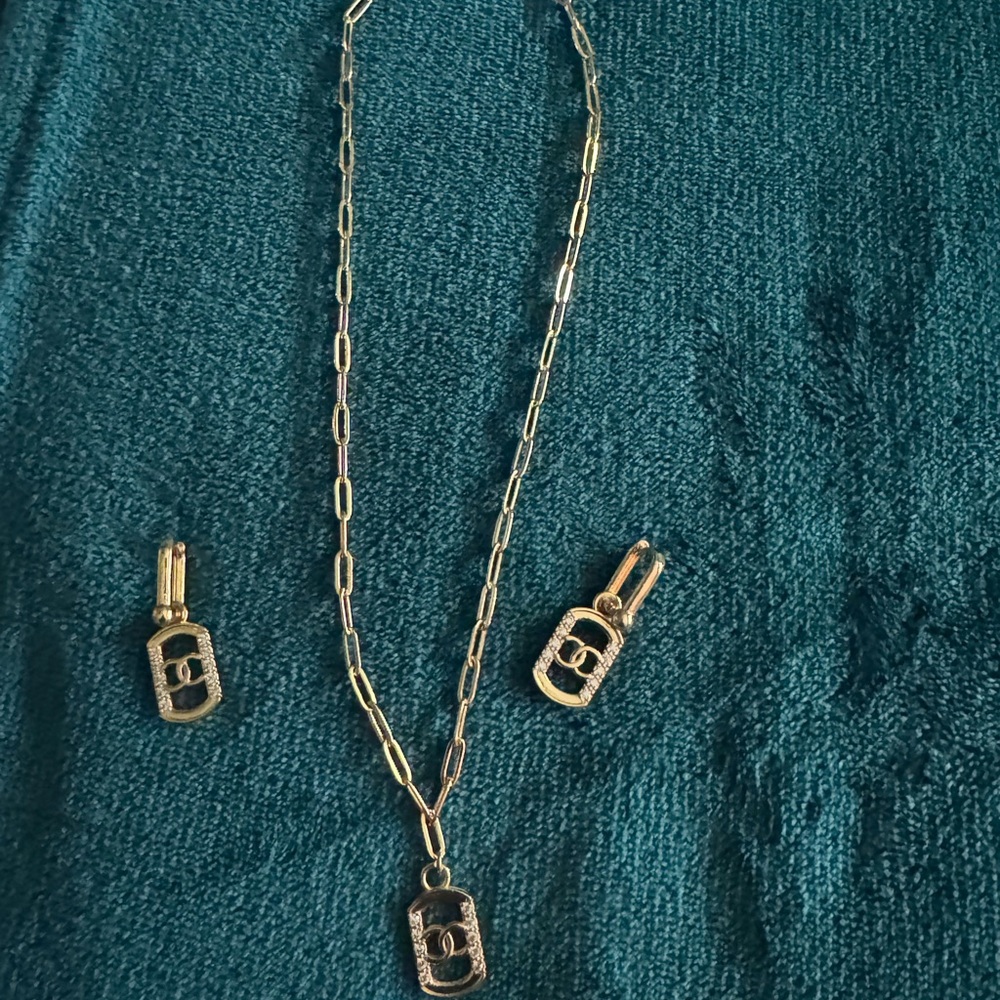 Gold Lock Pendant Necklace and Earrings Set